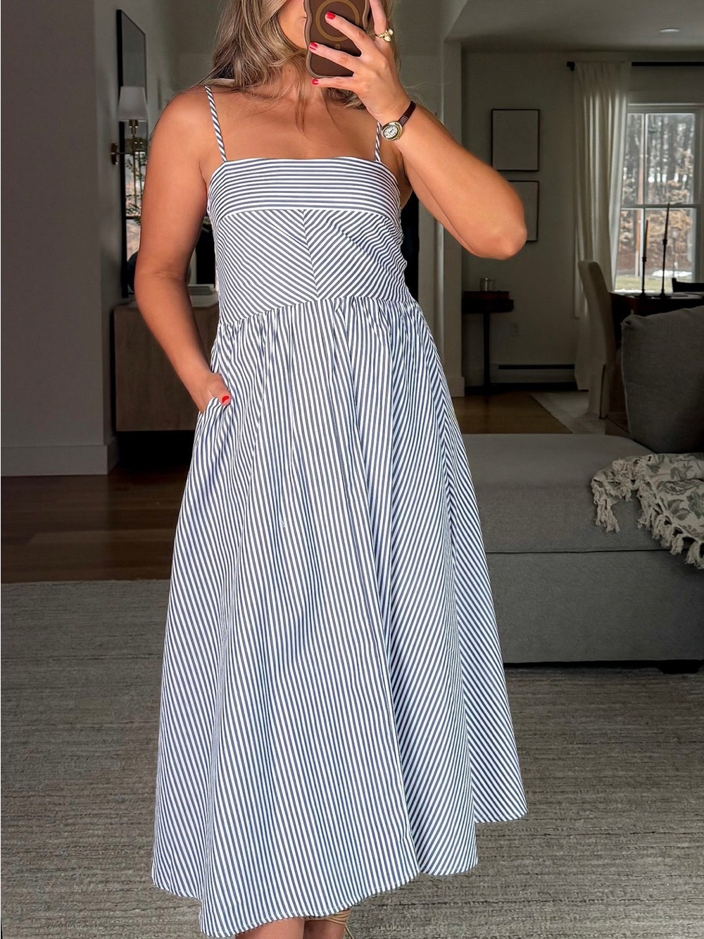 Striped Blue and White Spaghetti Strap Midi Dress